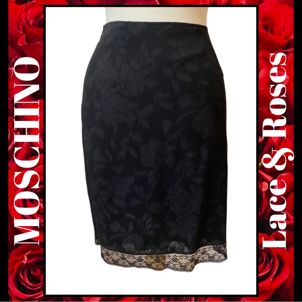 MOSCHINO Skirt Italy Black Wool Crepe Floral Roses Design Lace Hem 44/10 New
